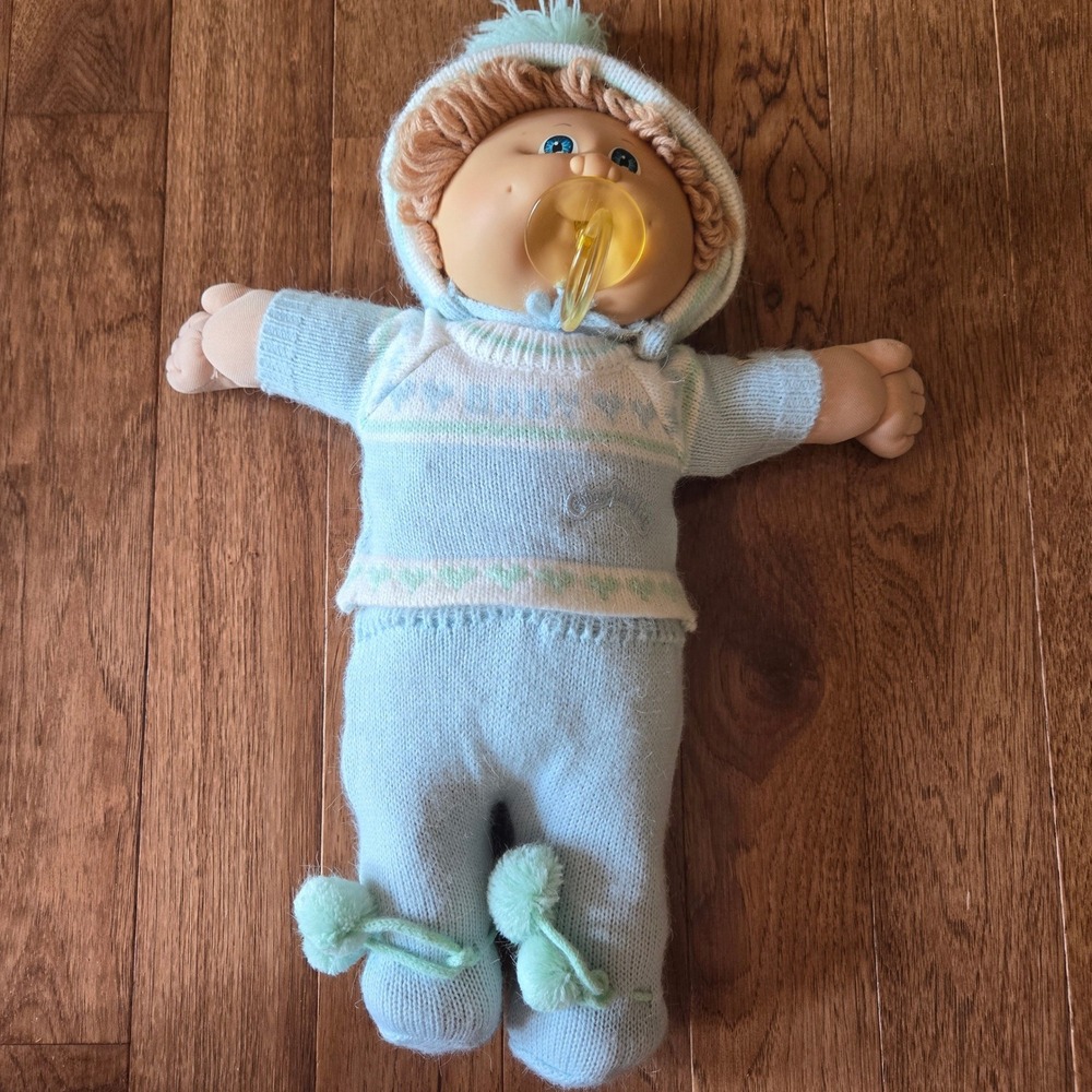 Vintage Cabbage Patch Kids Doll Blue Knit Heart Outfit & Pacifier 1980s